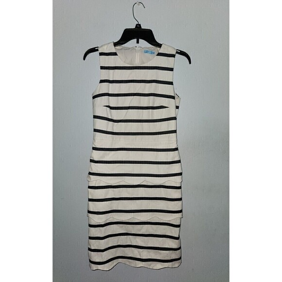 J. McLaughlin Sz 4 Providence White Blue Striped Sheath Dress Tiered Scalloped - Picture 3 of 6